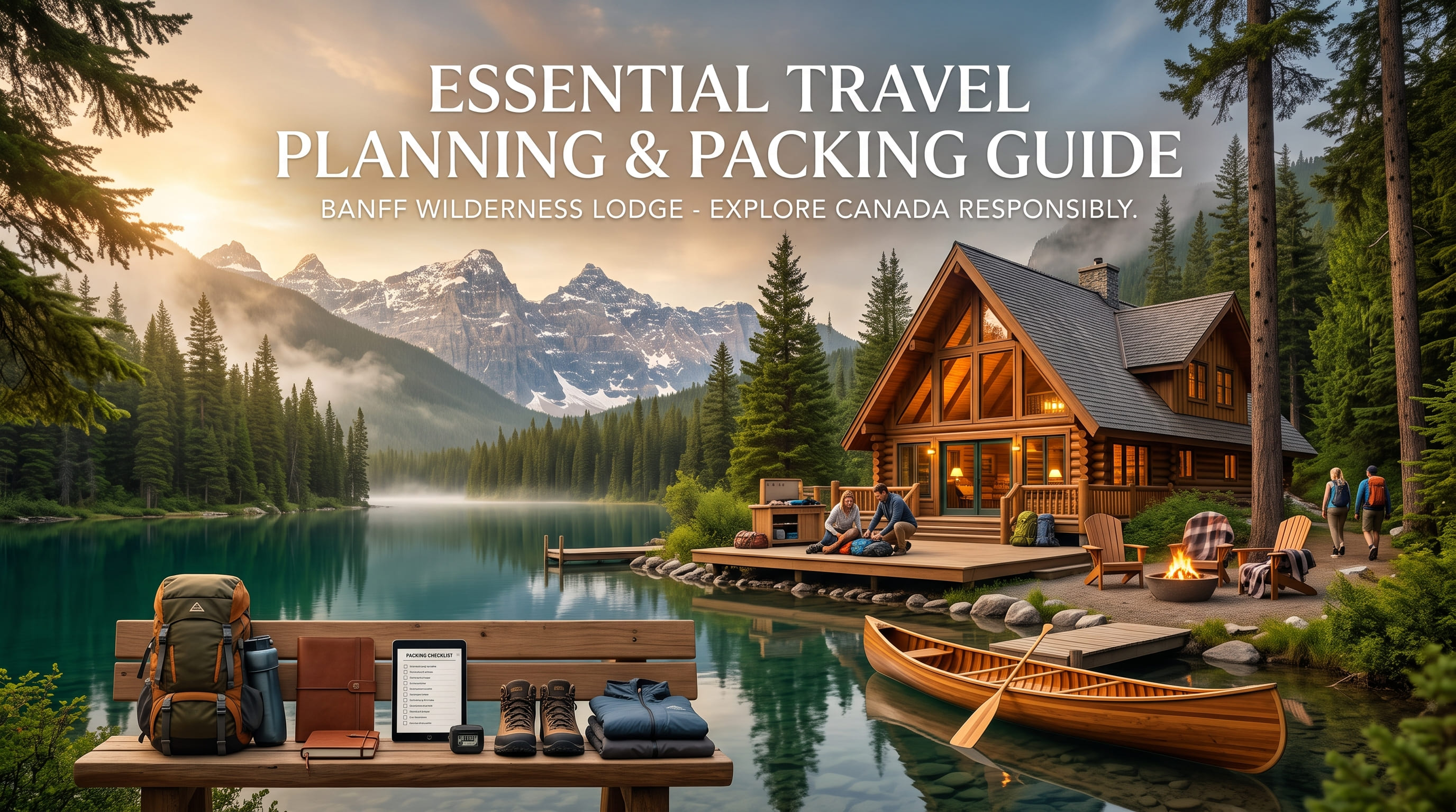 A backpack, boots, folded clothes, and a tablet checklist on a bench by a canoe, with a cabin and two people on a deck behind.
