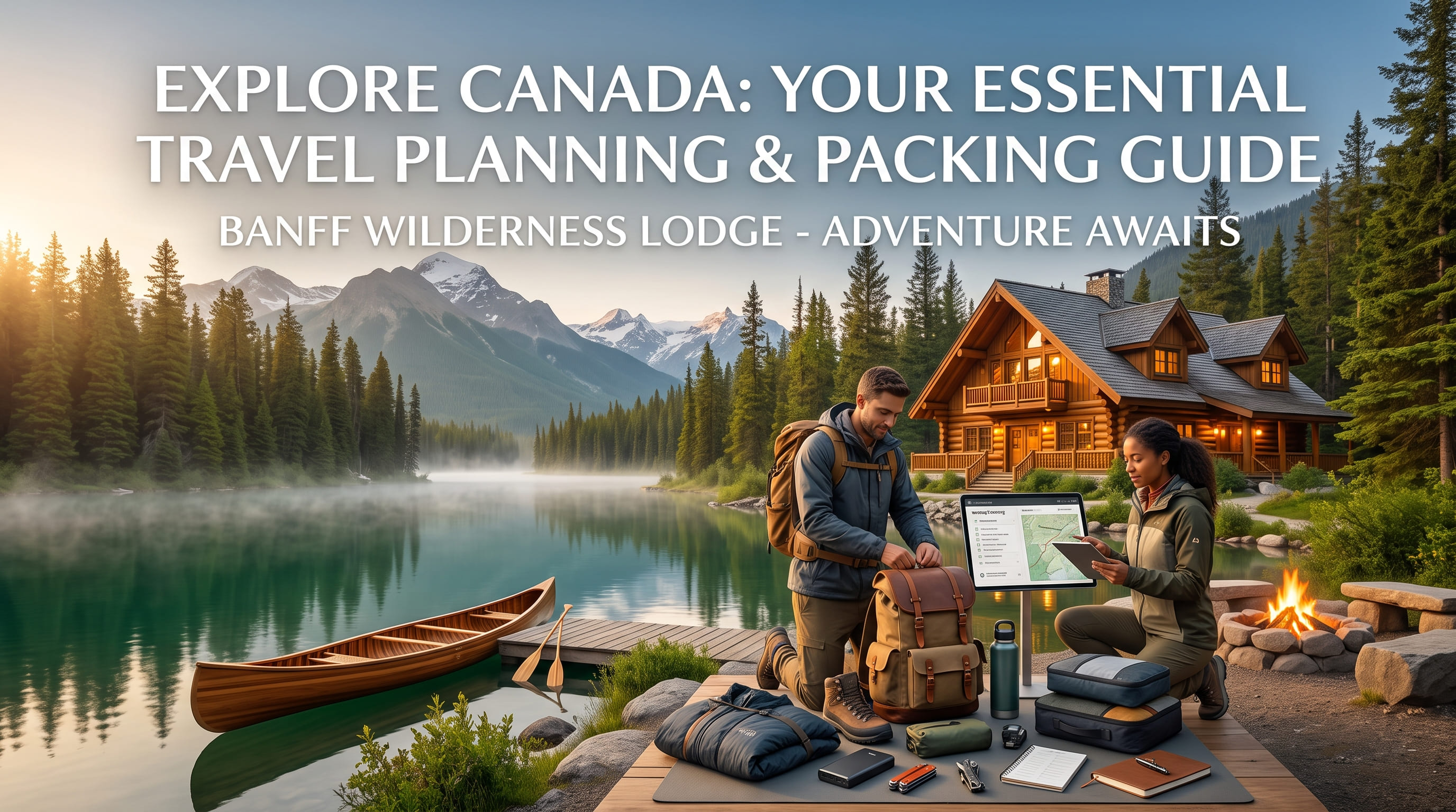 Two people packing cubes and a backpack on a dock, with a laptop, a canoe, and a timber cabin across the lake.