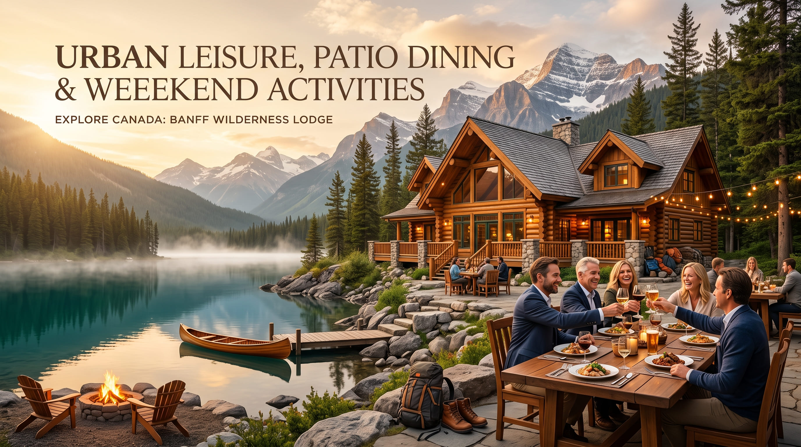 People raising glasses at an outdoor dining table beside a log lodge and a turquoise lake, with string lights and a canoe.