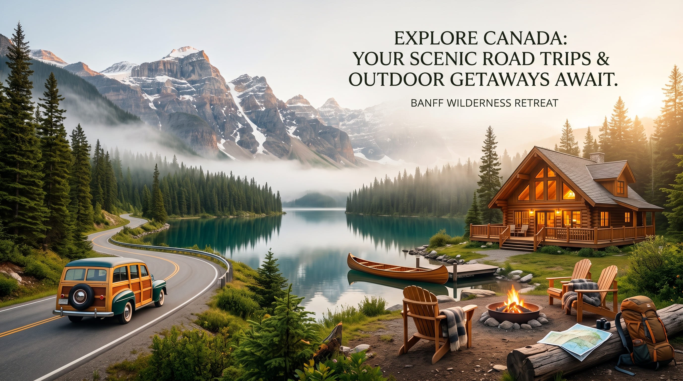 A vintage wagon on a highway beside a turquoise lake, with a timber cabin, a canoe, and chairs around a campfire.