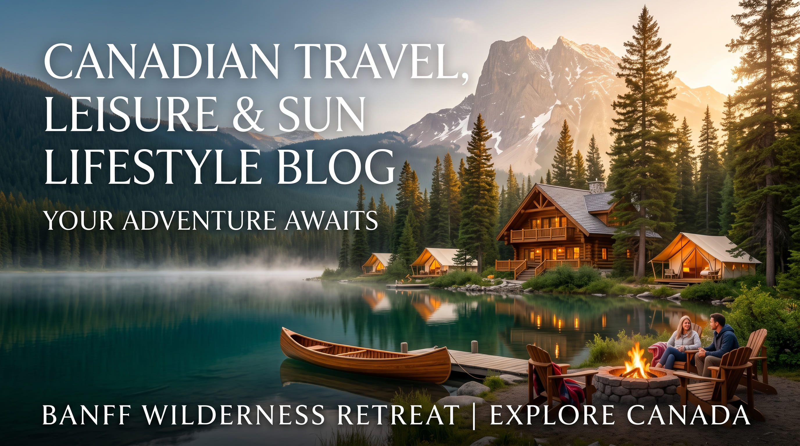 A lakeside timber lodge and canvas tents at sunrise, with a canoe at a dock and two people beside a campfire.